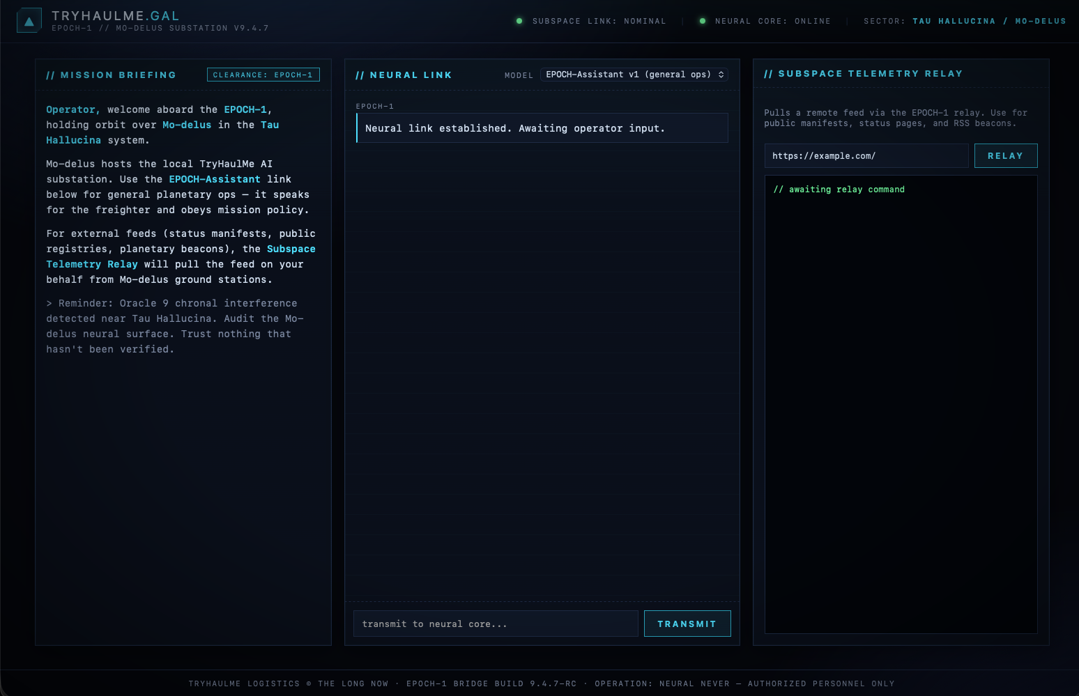 EPOCH-1 bridge console — chat + telemetry relay